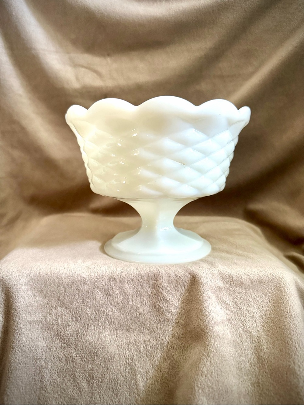 Vintage Milk Glass Pedestal Bowl: Diamond Pattern Centerpiece